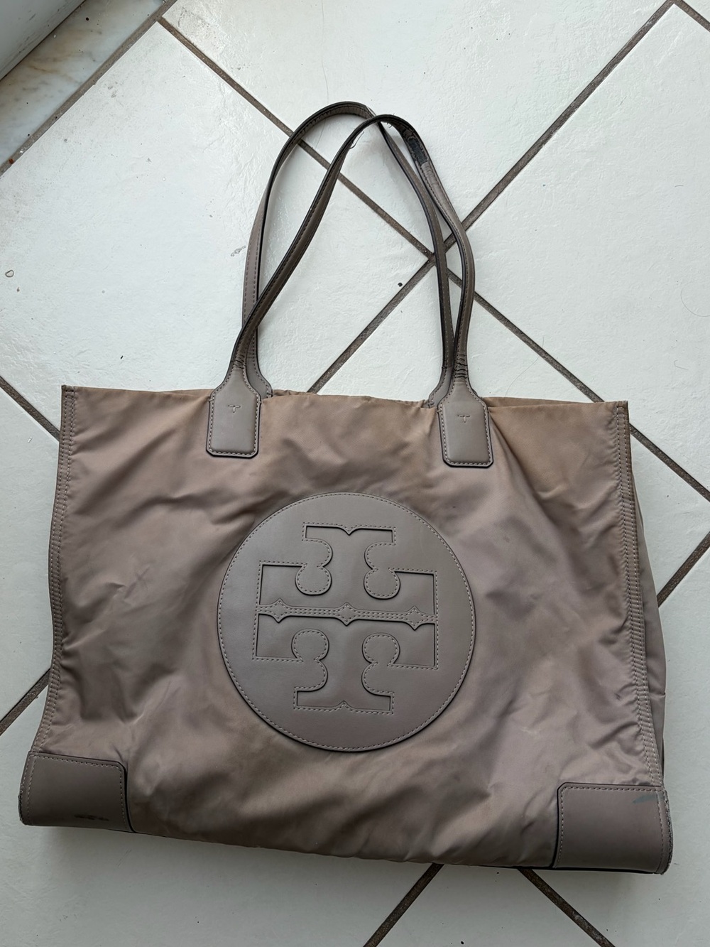 Tory Burch Nylon Tote with Leather Trim in Taupe